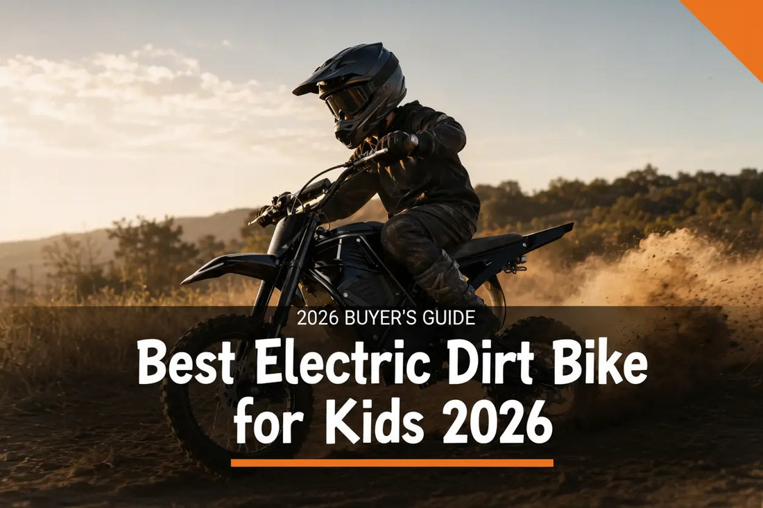 A rider in black motocross gear and full-face helmet riding a black electric dirt bike on a dusty off-road trail, with bold white text overlay reading "Best Electric Dirt Bike for Kids 2026"