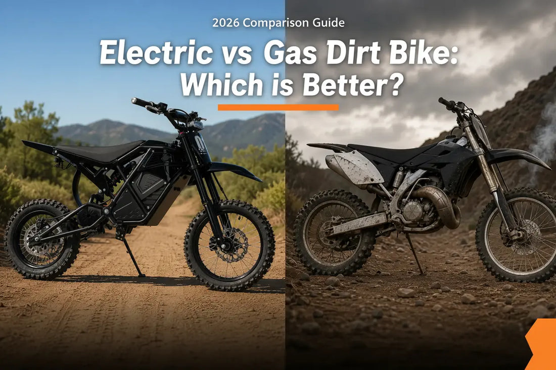 Side-by-side comparison of a black electric dirt bike and a gas dirt bike on off-road terrain, text overlay reads "Electric vs Gas Dirt Bike: Which is Better?"