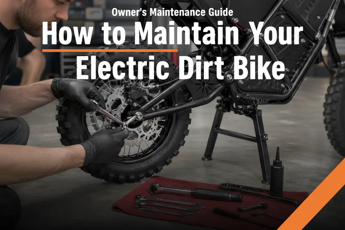 Mechanic hands with black gloves working on electric dirt bike rear wheel in a garage, tools on a red shop towel, text overlay reads "How to Maintain Your Electric Dirt Bike"