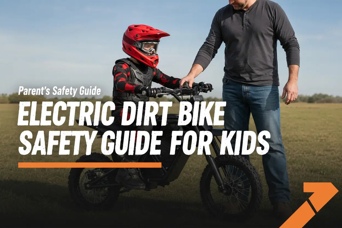 Child in red full-face motocross helmet and protective gear on a black electric dirt bike in an open field with an adult standing beside, text overlay reads "Electric Dirt Bike Safety Guide for Kids“