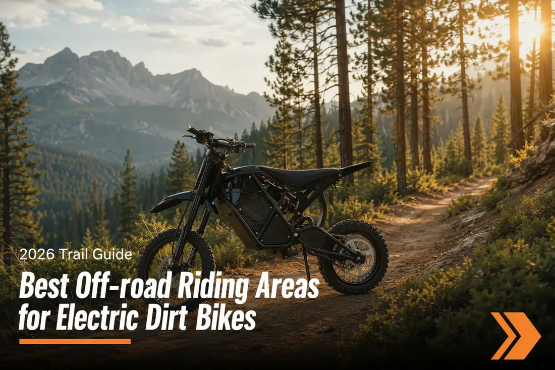 Black electric dirt bike parked on a dirt trail through a pine forest with mountains in the background, text overlay reads "Best Off-Road Riding Areas for Electric Dirt Bikes"